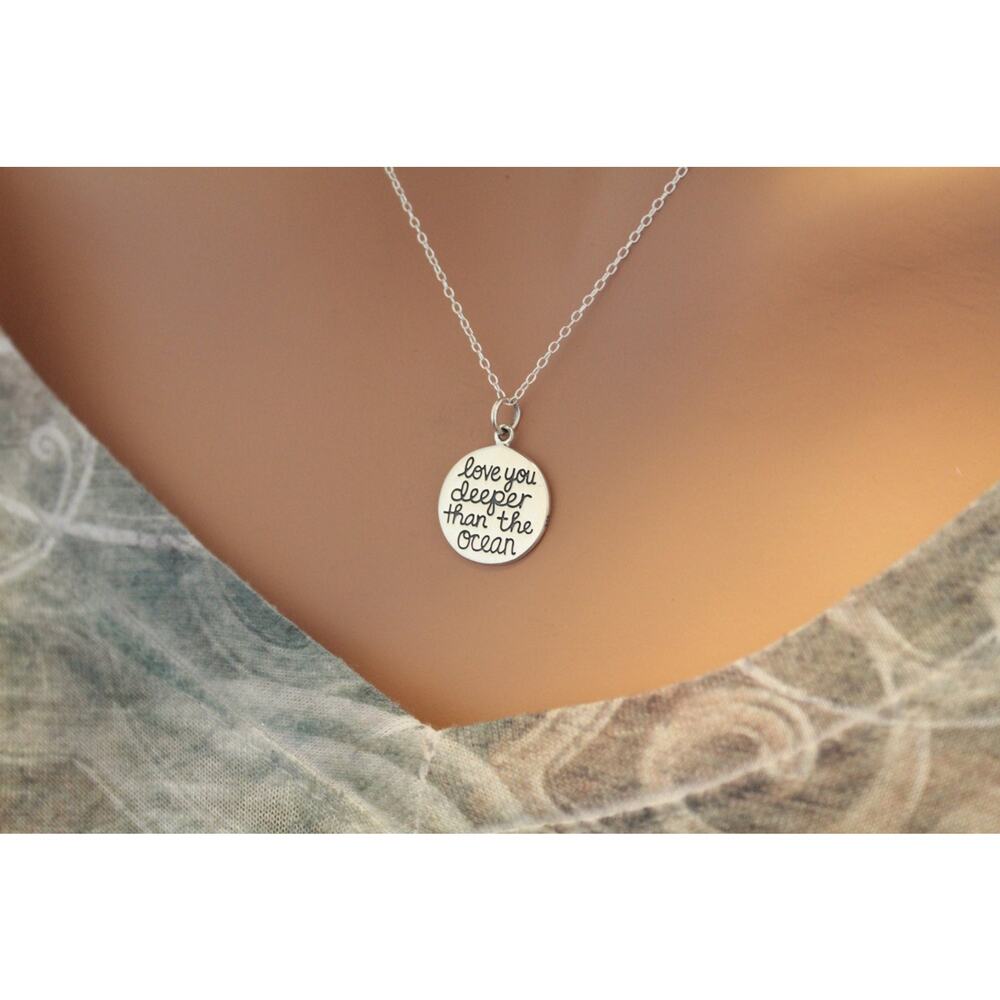 Sterling Silver Two Sided Quote Necklace: Love You Deeper Than The Ocean